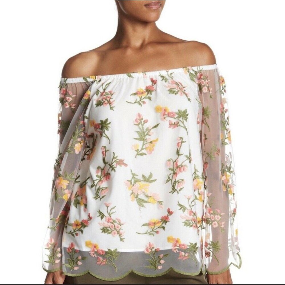 Nanette Lepore Floral Embroidered Off the Shoulder Mesh Blouse Women XS New